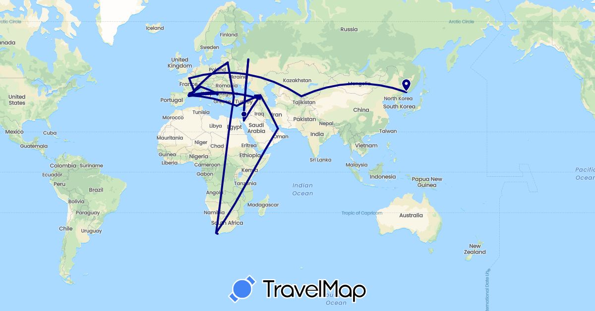 TravelMap itinerary: driving in United Arab Emirates, Armenia, Spain, France, Georgia, Israel, Italy, Lithuania, Montenegro, Russia, Turkey, Uzbekistan, South Africa (Africa, Asia, Europe)